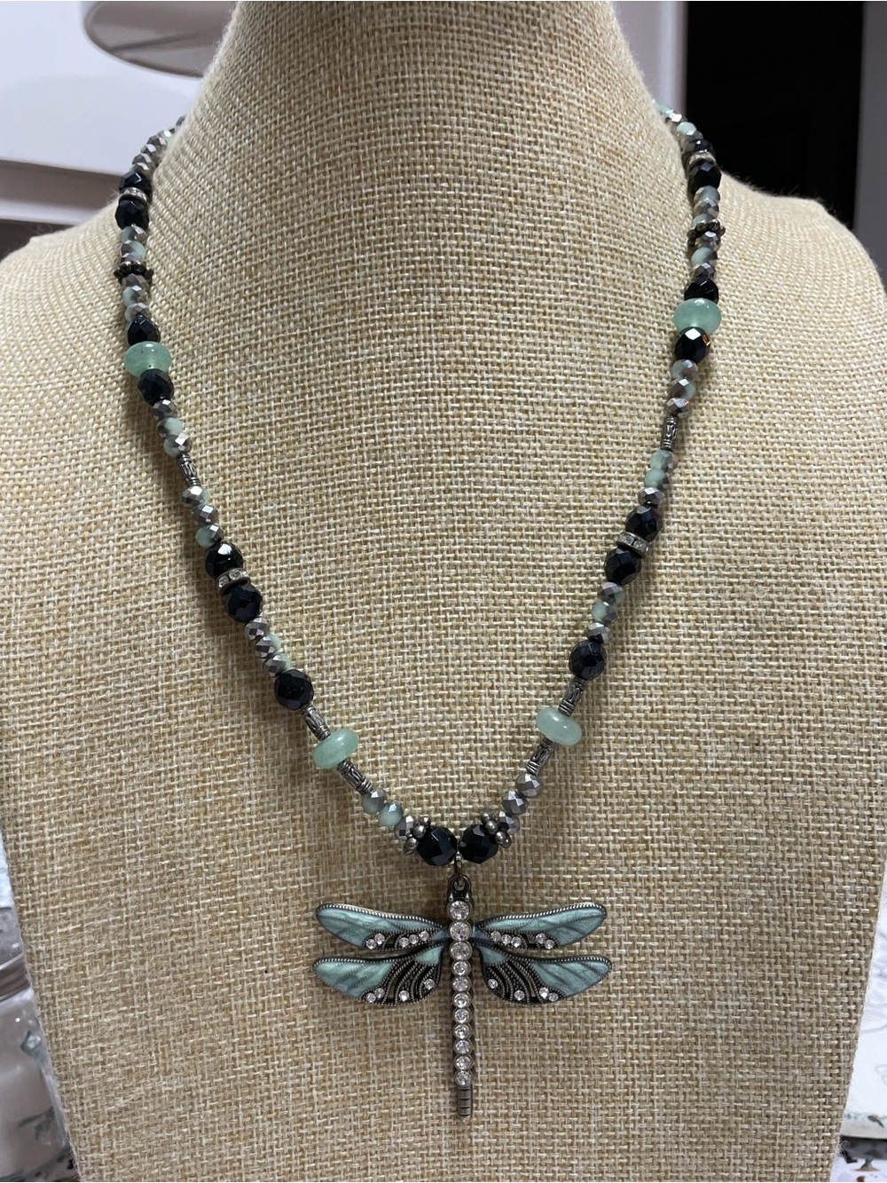 Artisan Made Aventurine and Glass Necklace with Dragonfly Pendant.
